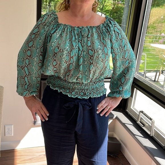 Michael Kors turquoise snakeskin print long sleeve blouse. - Picture 3 of 7